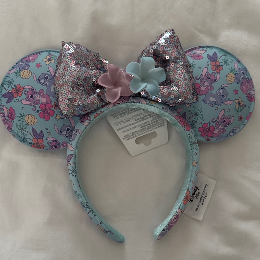 Disney Parks Stitch and Angel  Faux Leather Minnie Mouse Ears Headband NEW
